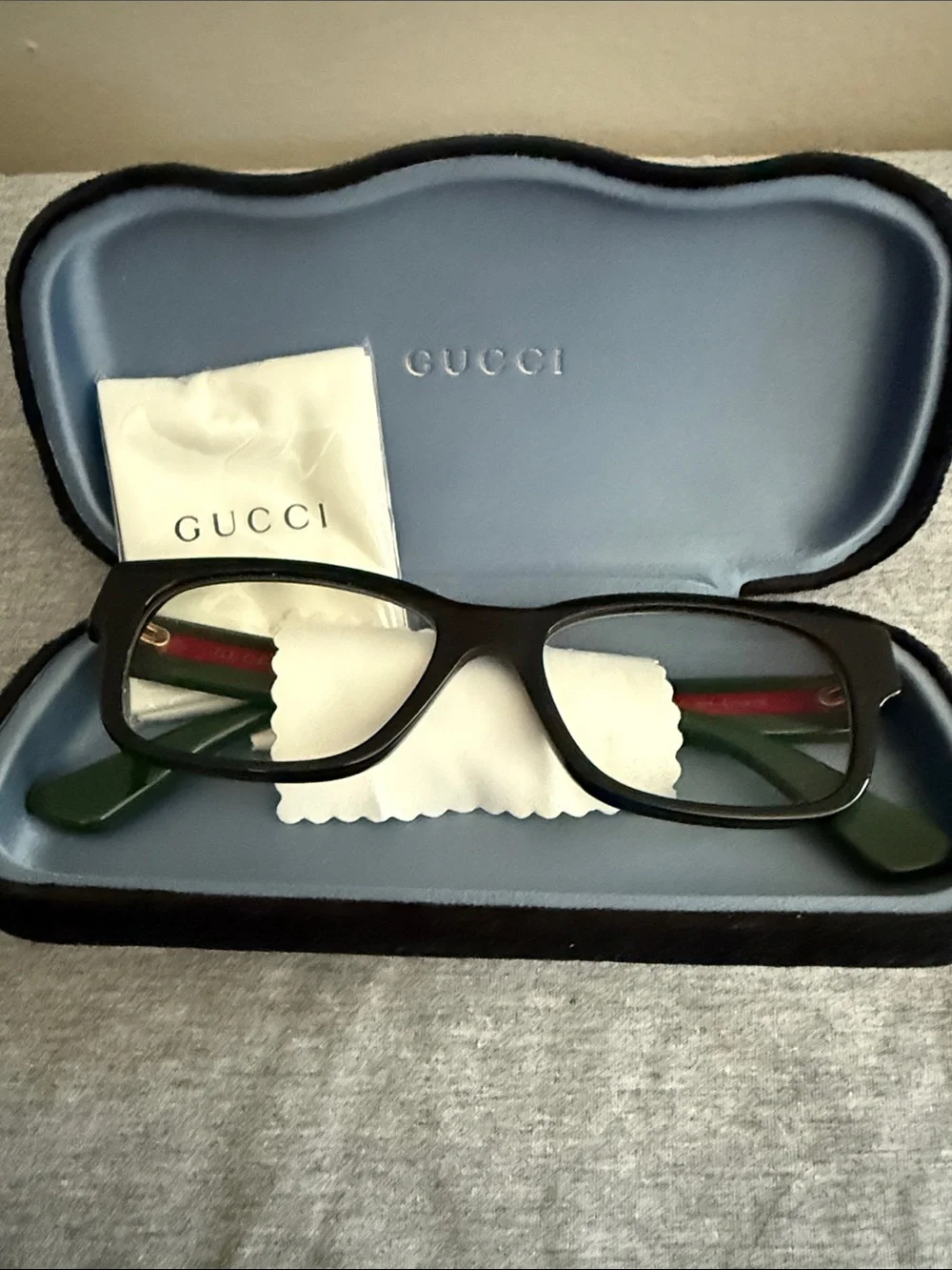 Authentic Gucci Black Eyewear with Green and Red Temple Stripes   NWOT